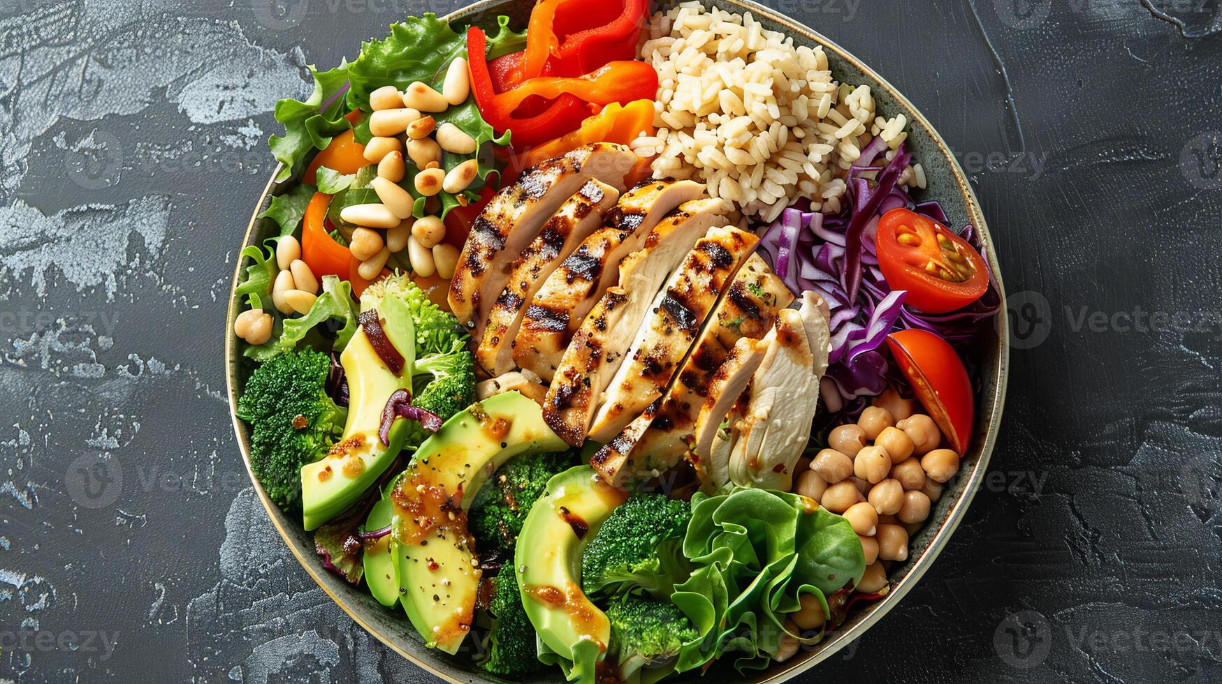 A bowl of food with chicken, broccoli, and other vegetables photo