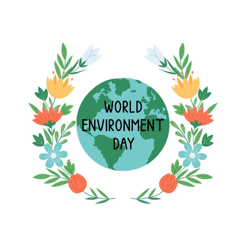 World environmental day concept. Illustration of earth inside flower wreath. Hand drawn illustration for poster, social media and web vector
