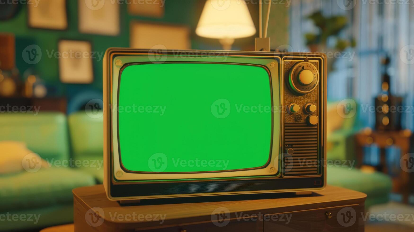 Retro tv with green screen in living room photo