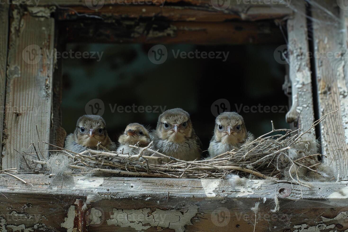 Four baby birds are sitting in a nest in a window photo
