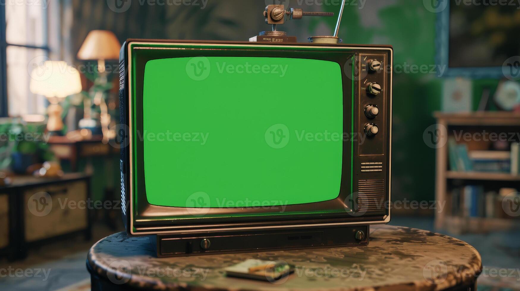 Retro tv with green screen in living room photo