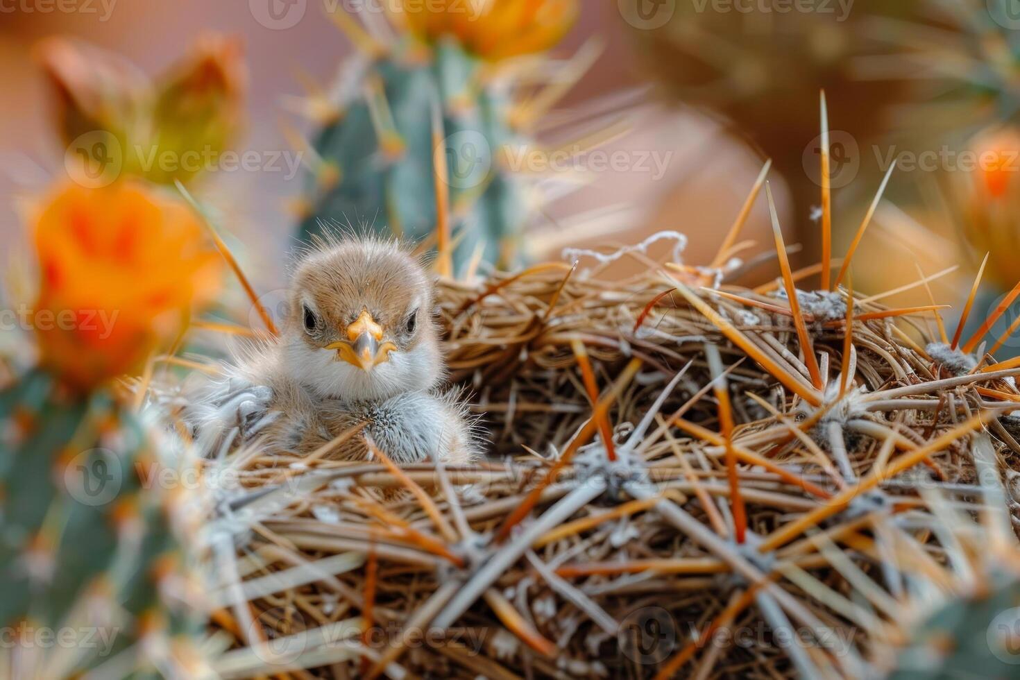 A baby bird is sitting in a nest made of prickly plants photo