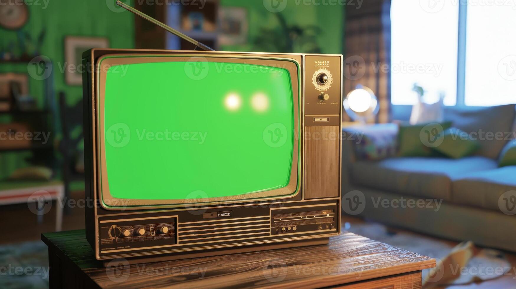 An old television with green screen sitting on a table photo