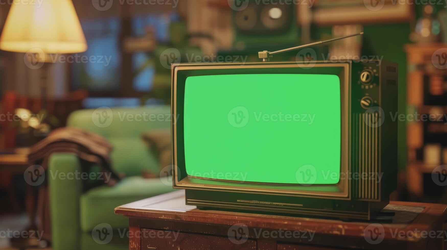Retro tv with green screen in living room photo