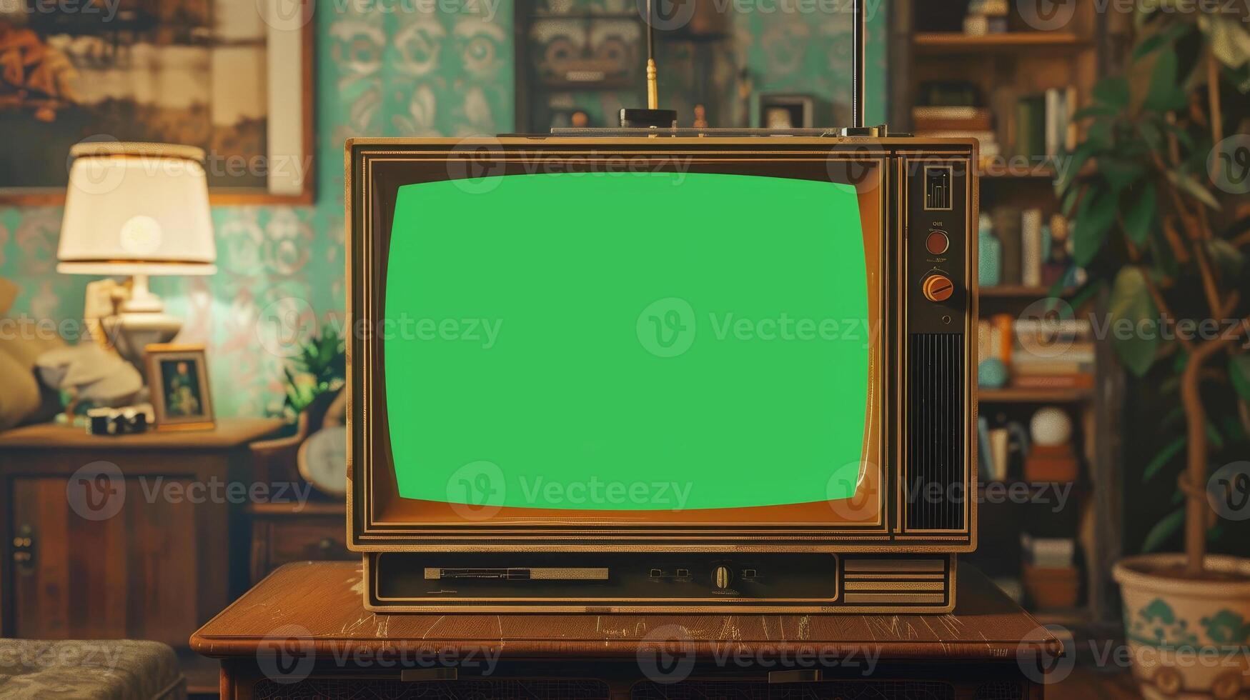 An old television with a green screen in front of a couch photo