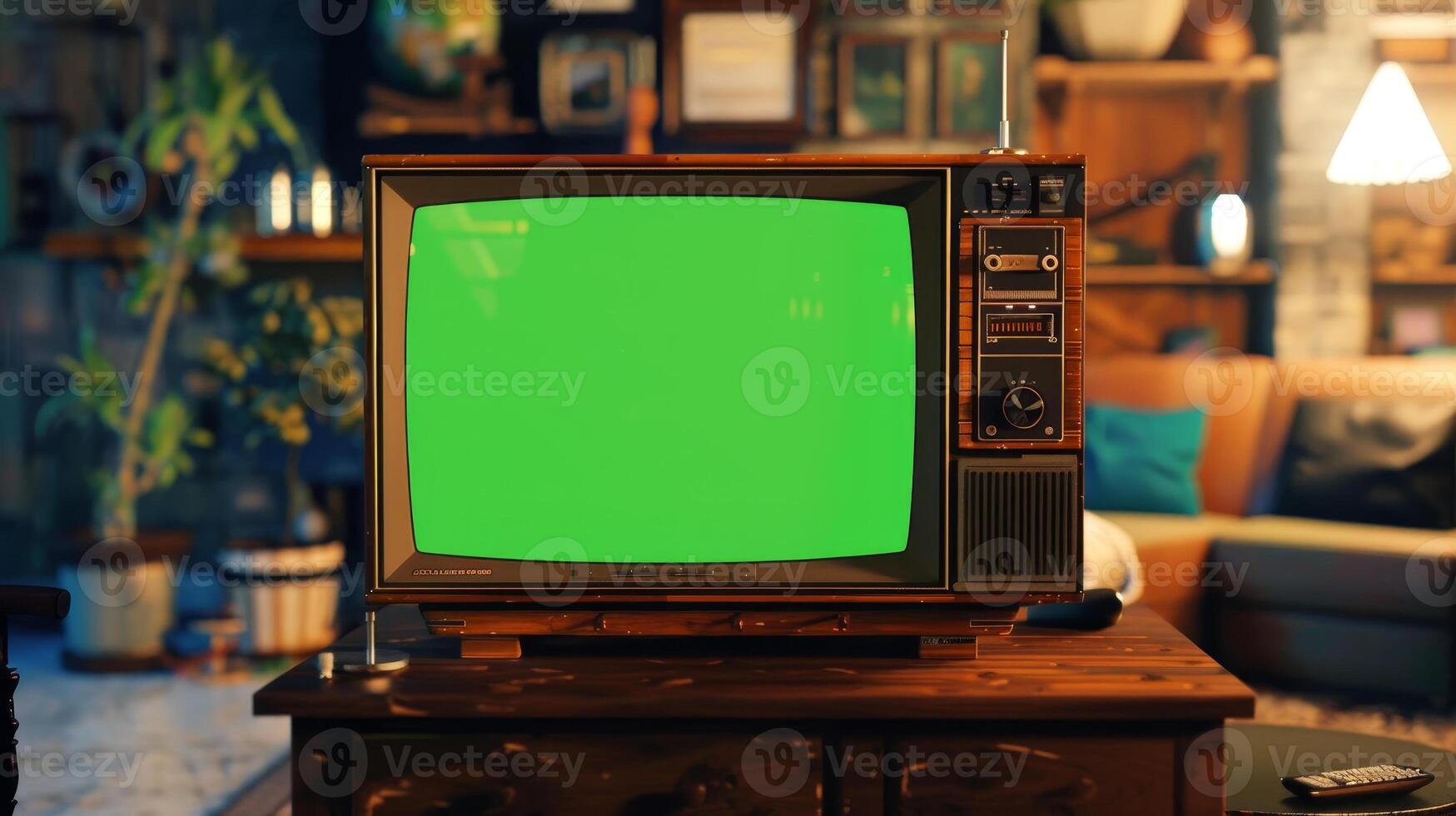 Retro tv with green screen in living room photo