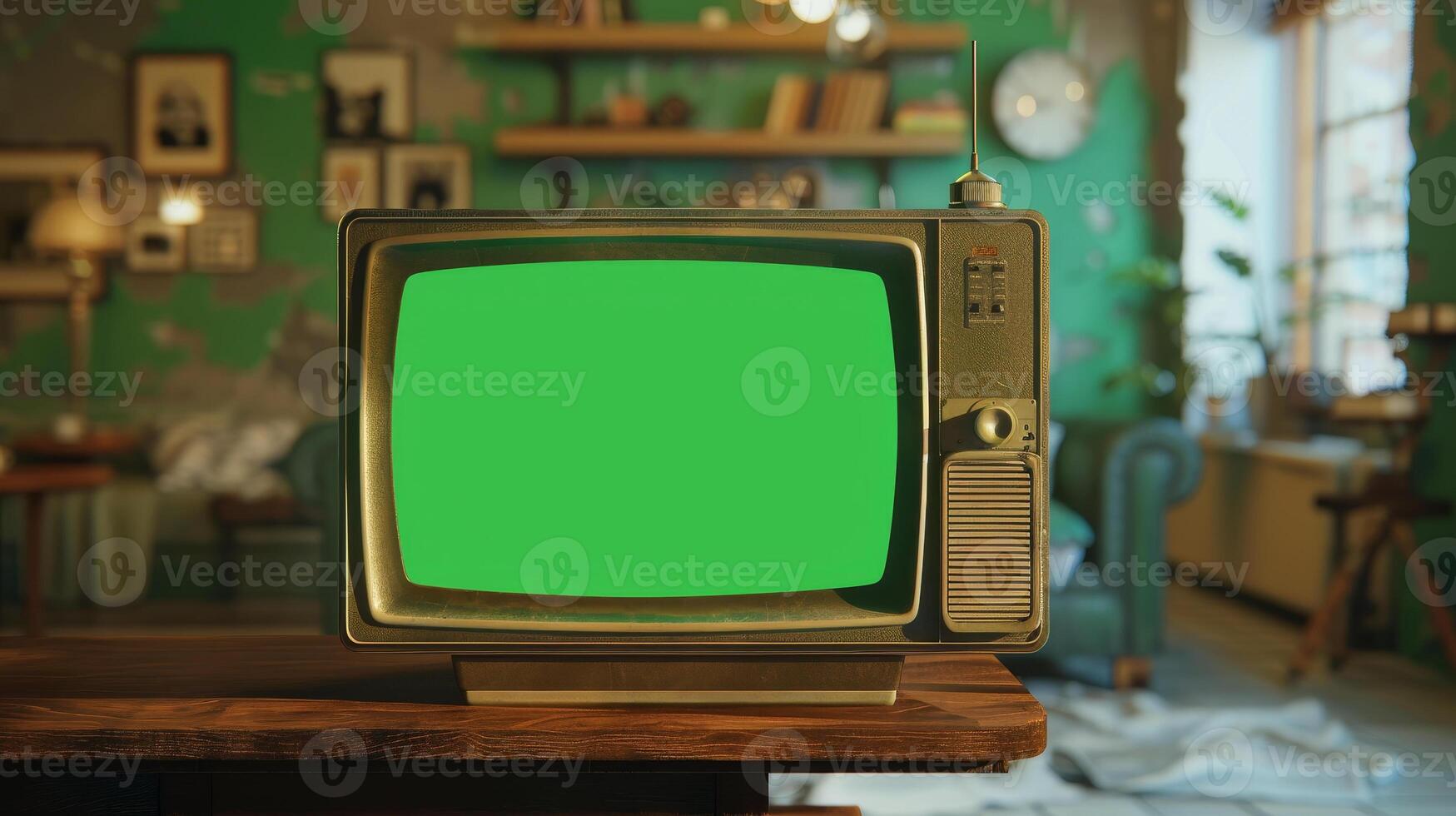 Retro tv with green screen in living room photo