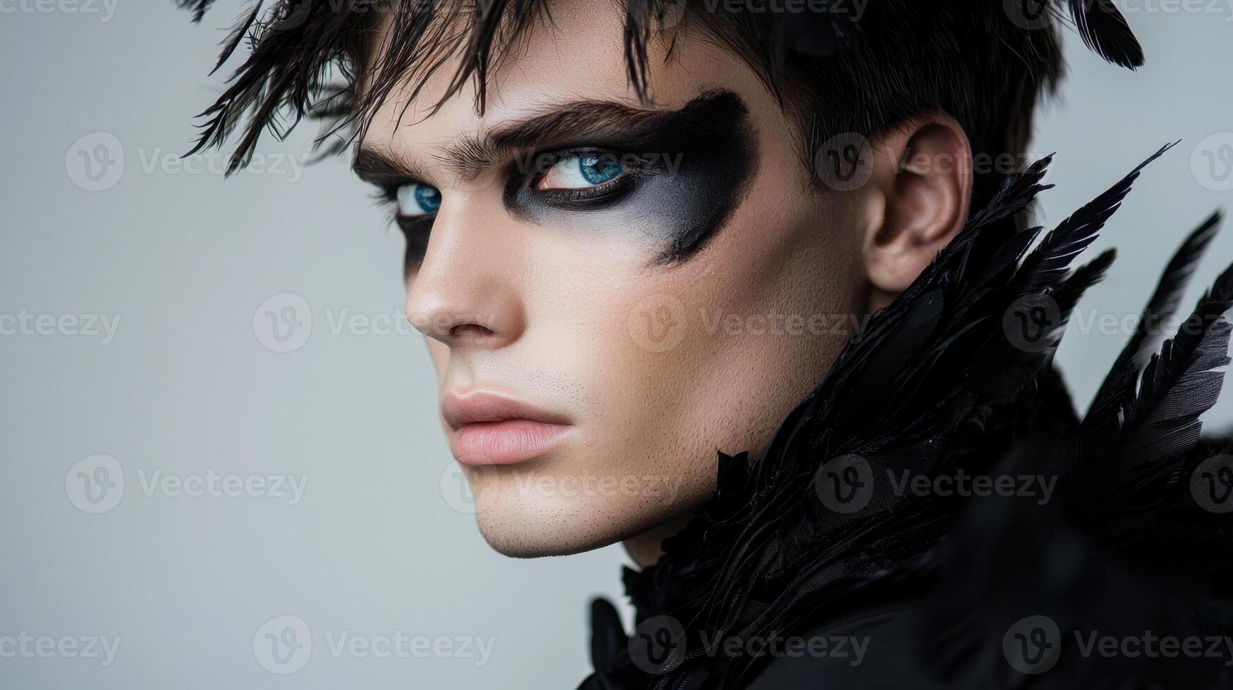A man with black makeup and feathers on his face photo