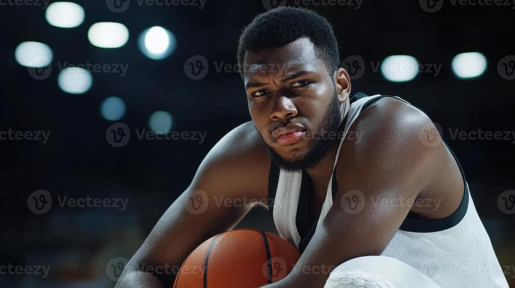 A basketball player sitting on the floor with a ball photo