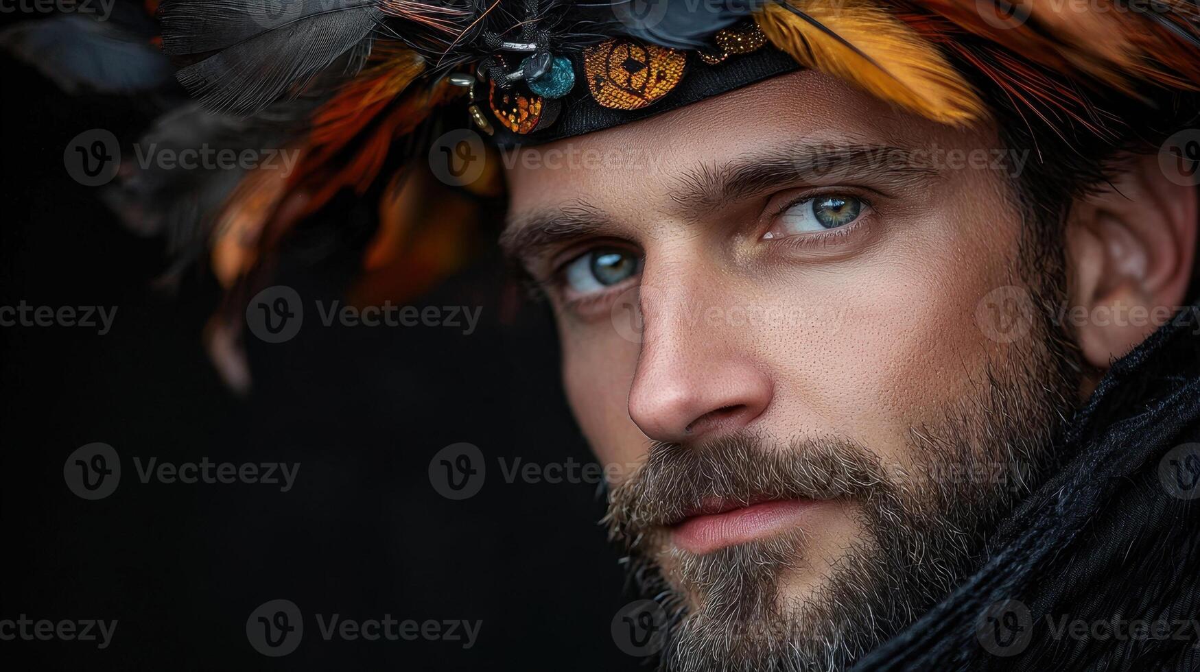 A man with a beard and feathers on his head photo