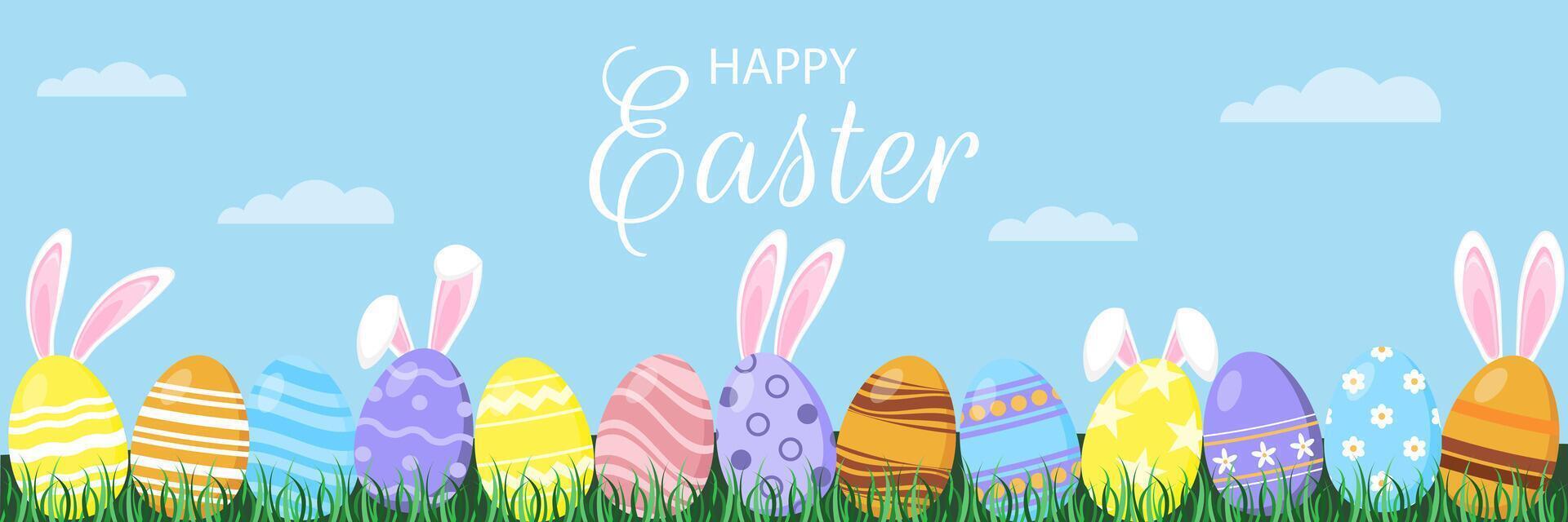 Happy Easter banner with bunny and eggs. Egg hunt poster. Spring background. illustration vector
