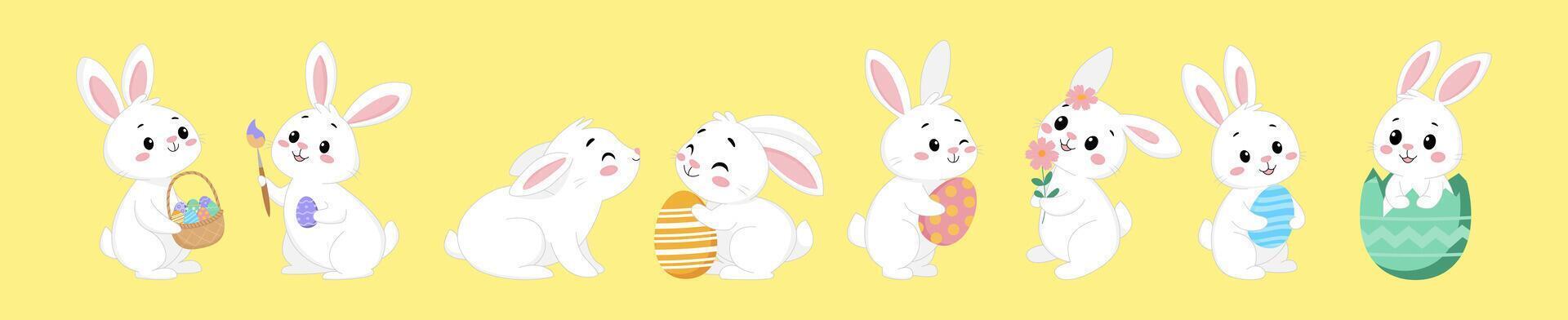 Set of cute Easter white rabbits. Cartoon characters of happy bunnies with Easter eggs and flowers. Design elements for Eastery card, sticker, banner, package. illustration vector