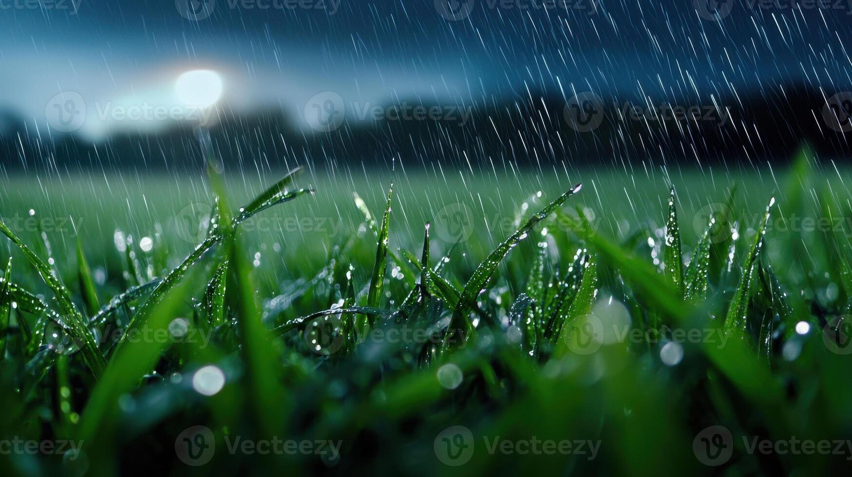 Rain on grass at night photo