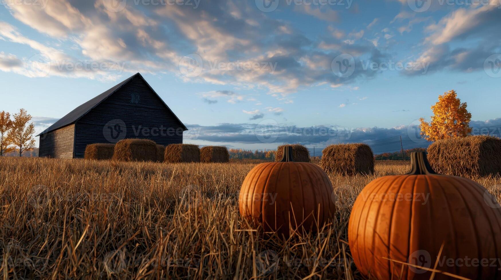 Pumpkins in a field with a barn and hay bales photo