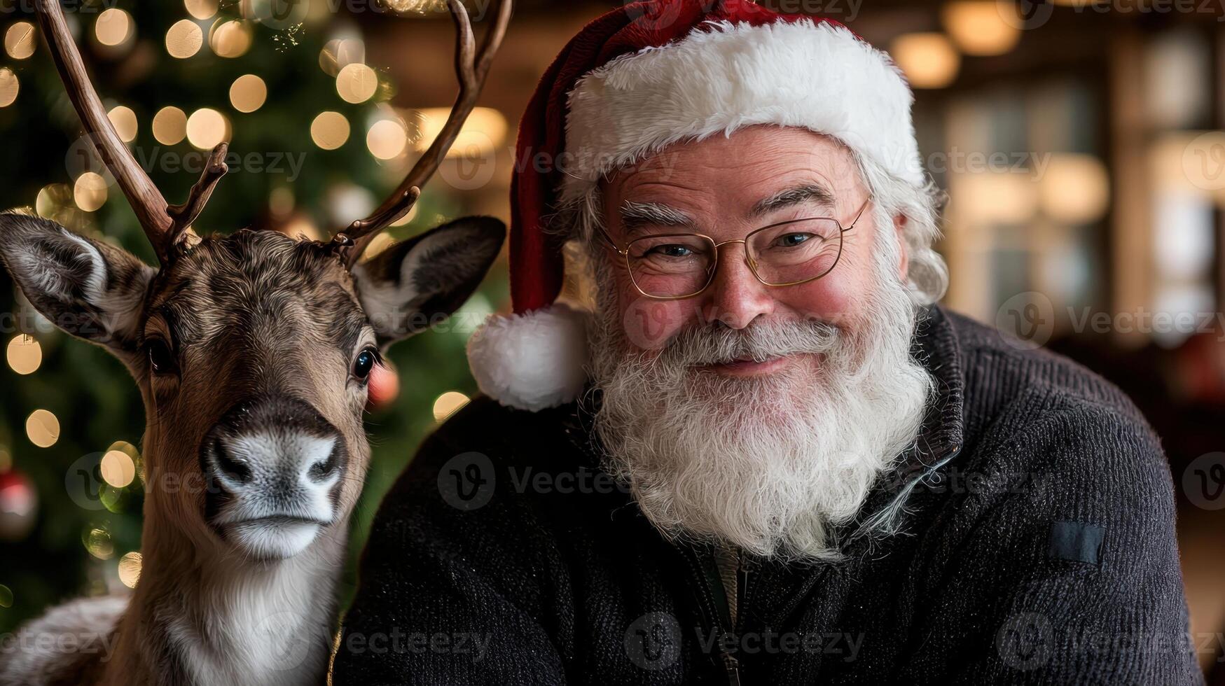 A man with glasses and beard sitting next to a reindeer photo