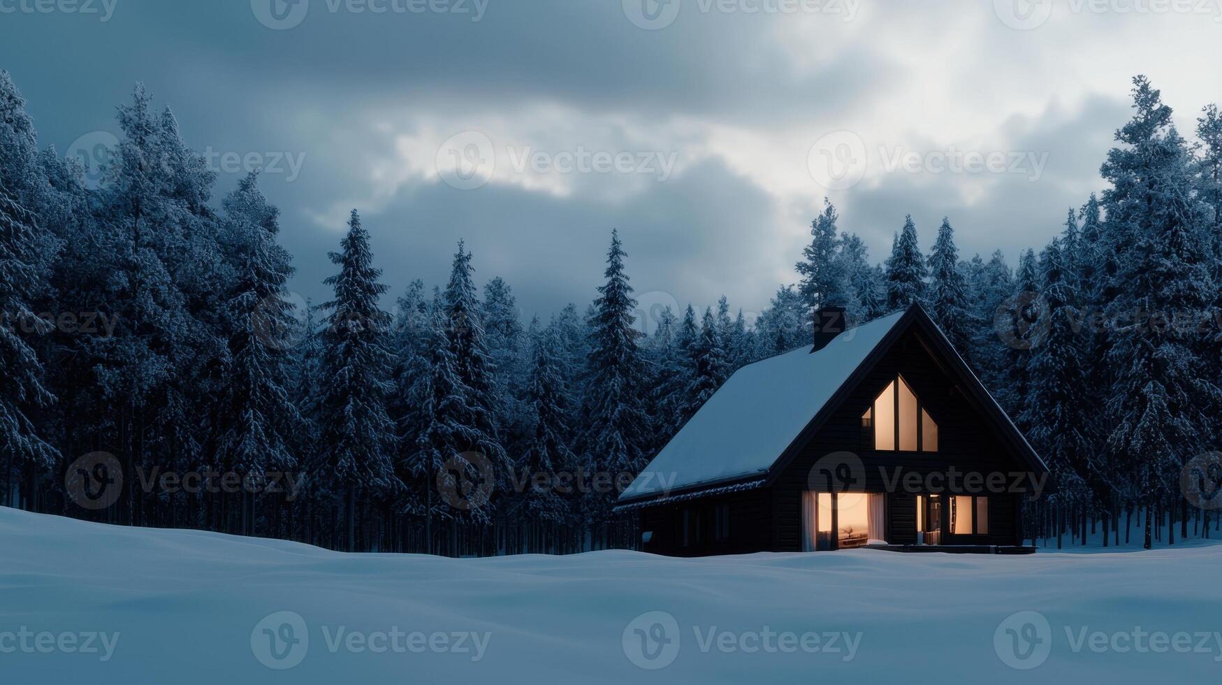 A cabin in the snow with a window open photo