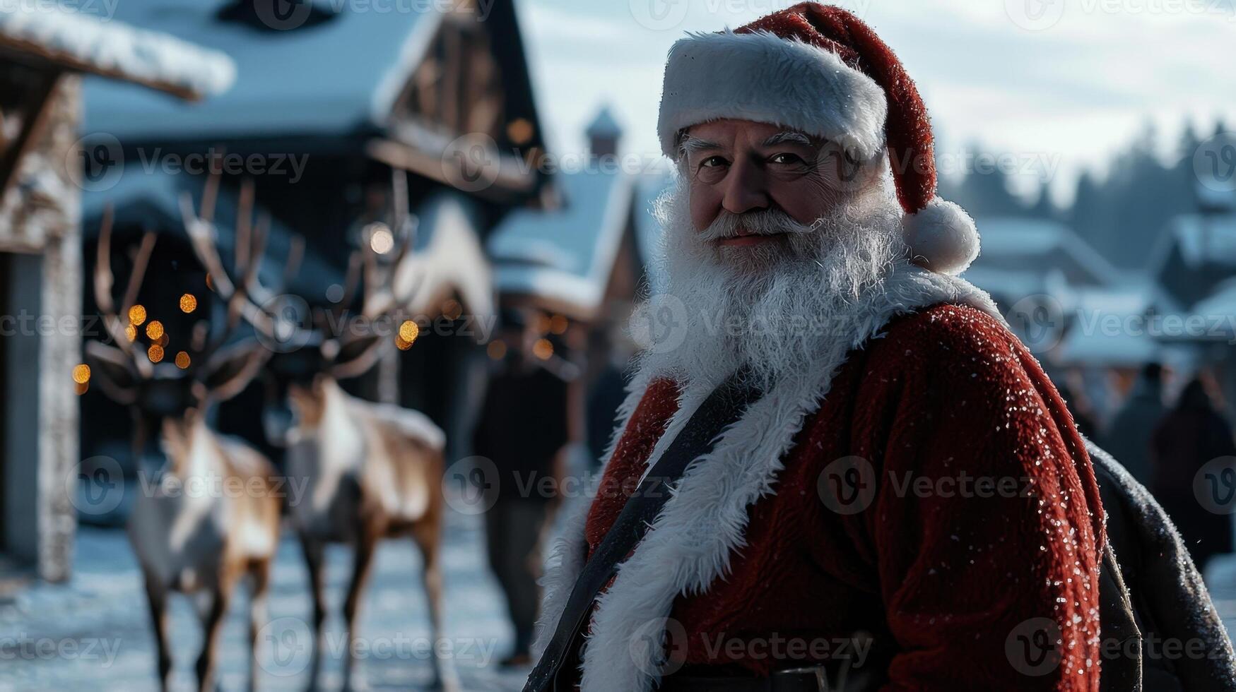 A santa claus stands in front of a reindeer photo