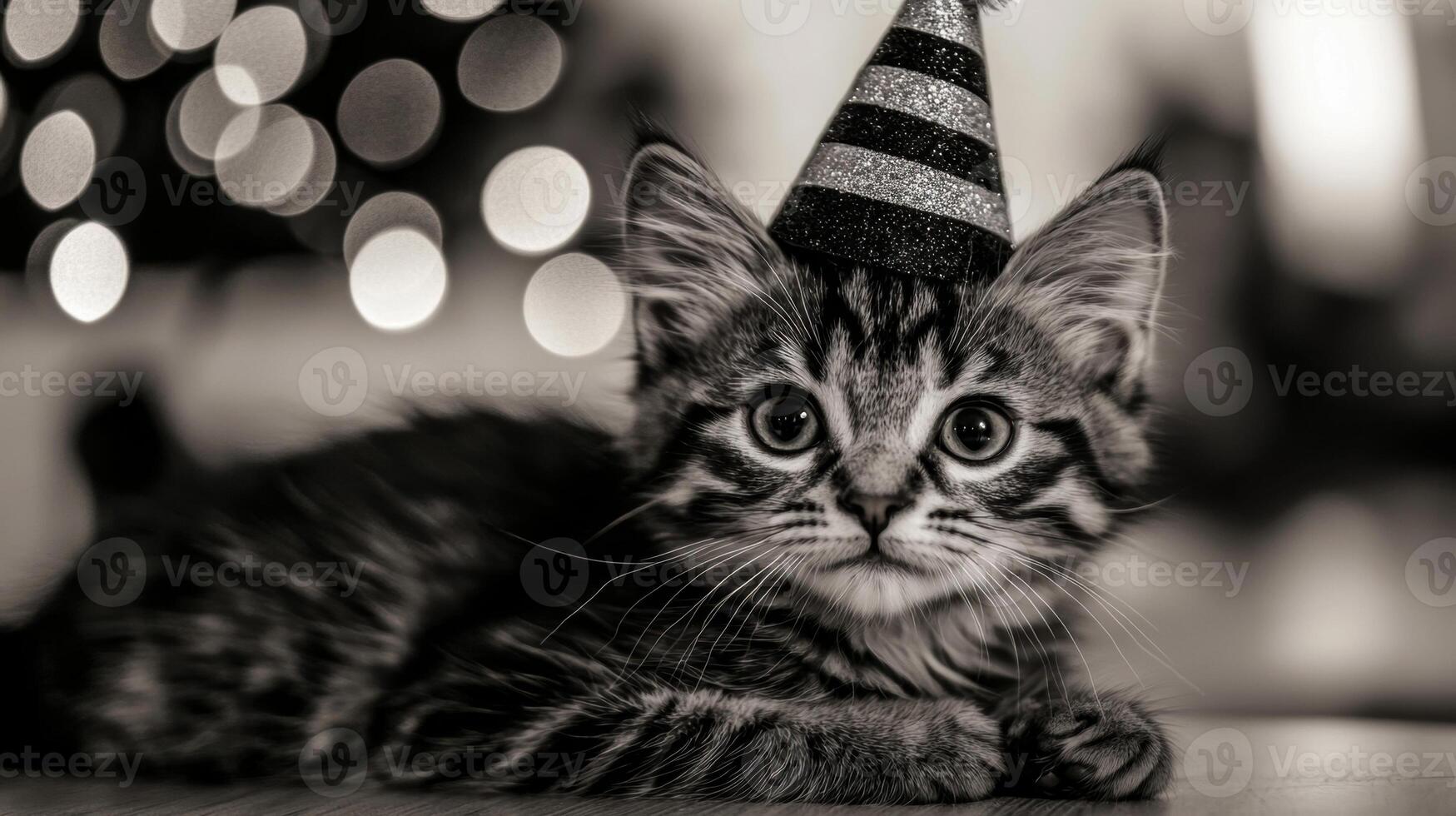 A black and white photo of a cat wearing a party hat