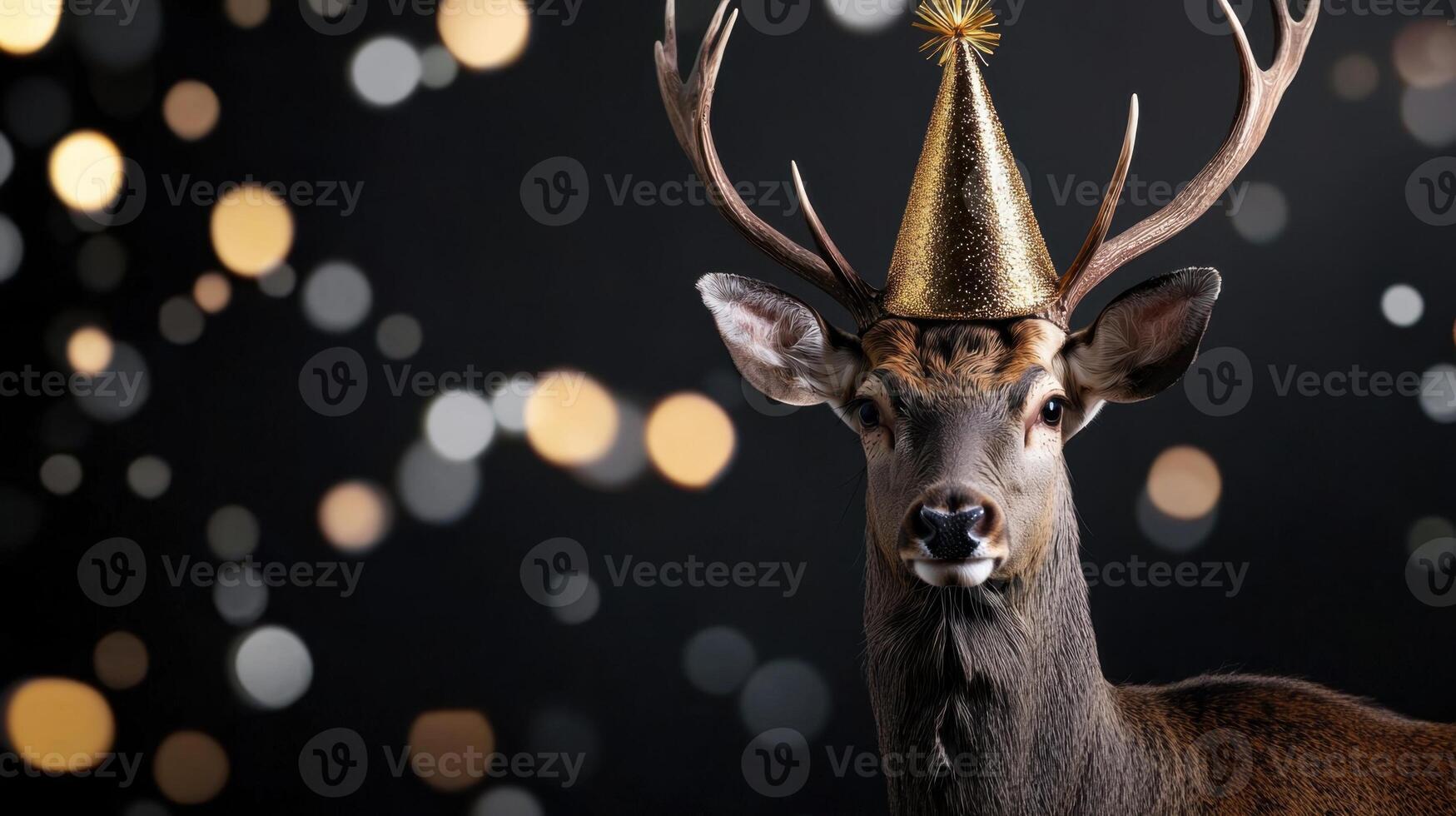 Deer wearing party hat on black background photo