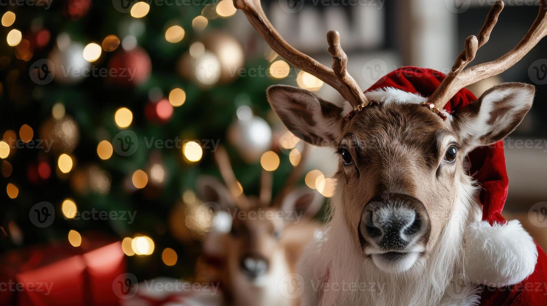A reindeer wearing a santa hat and standing in front of a christmas tree photo