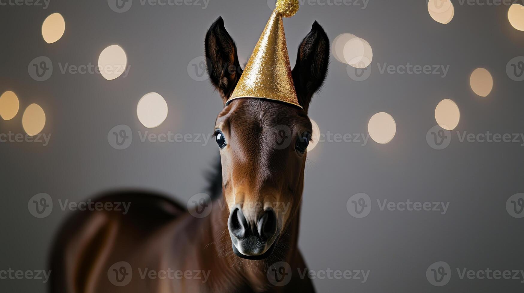 A horse wearing a party hat photo