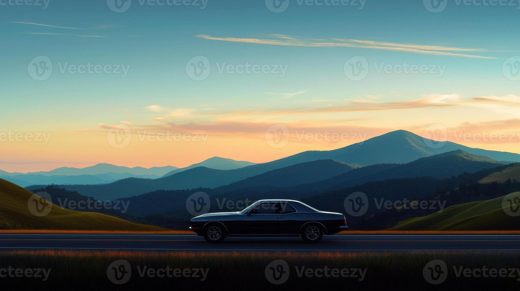 A car driving on a road in front of mountains photo
