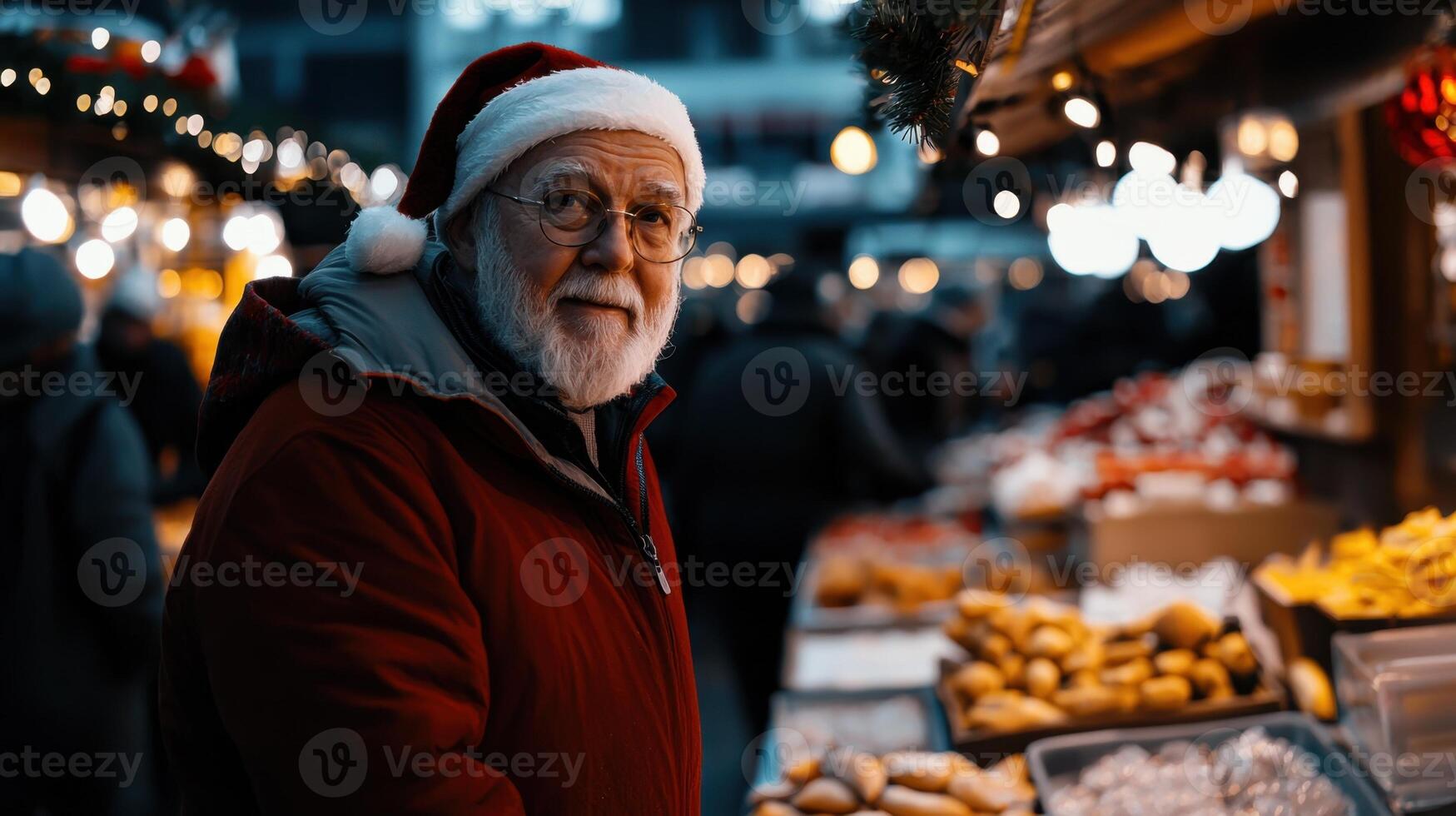 An old man wearing a santa hat stands in front of a market photo