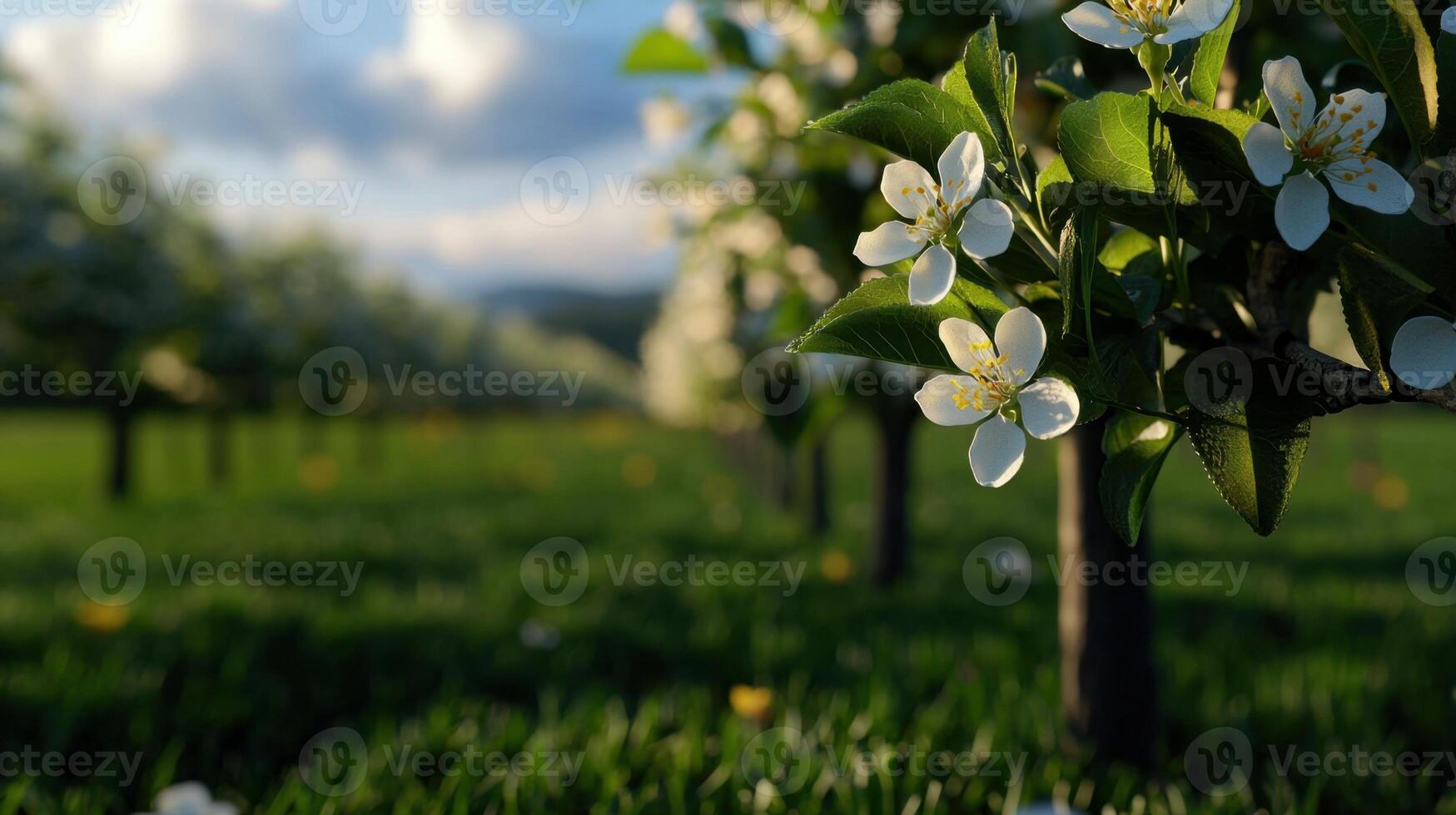 A field of white flowers in a green field photo