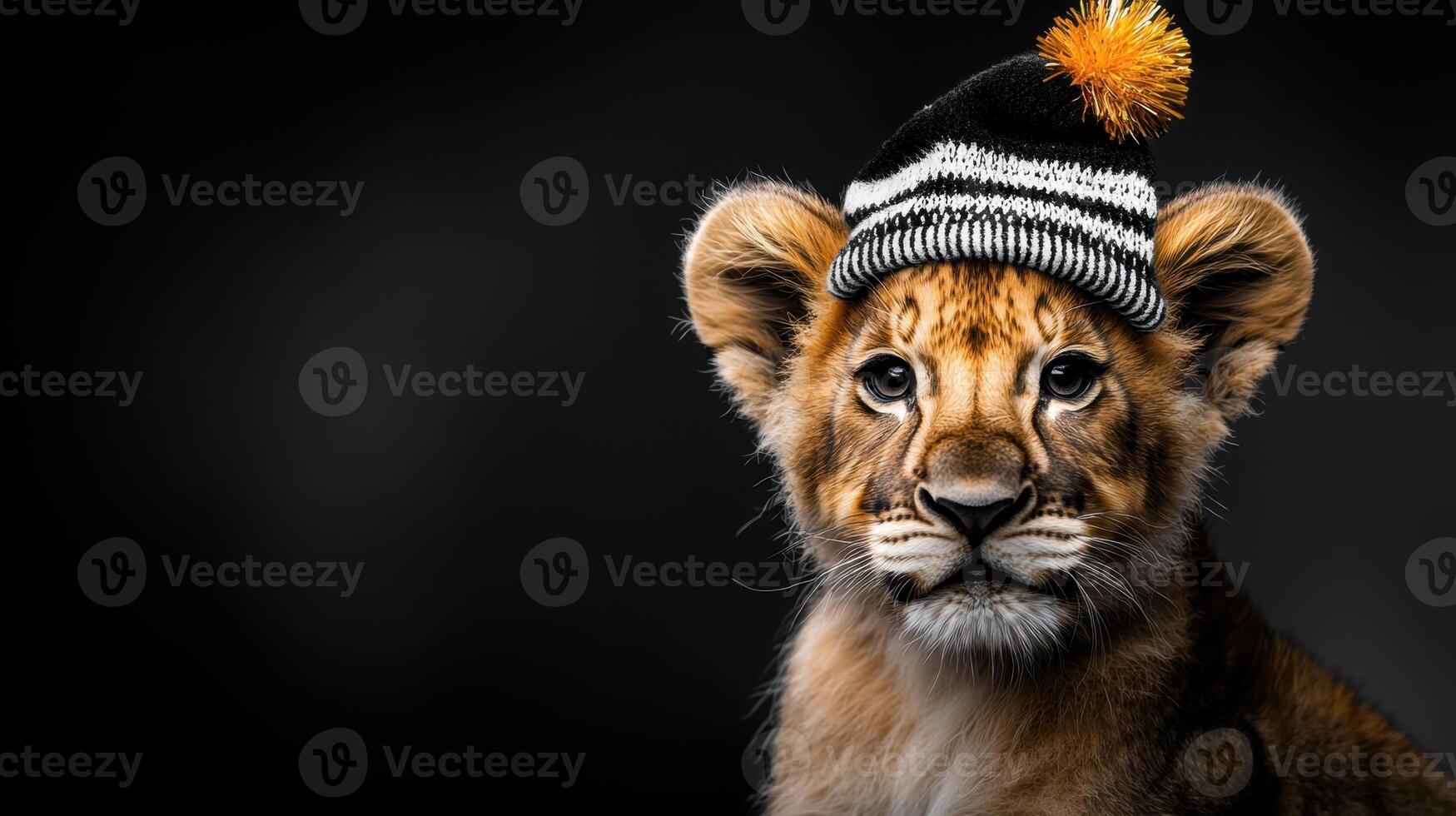 A lion cub wearing a hat on a black background photo