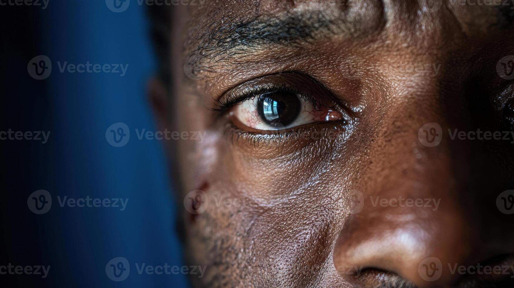A close up of a man's face with a blue background photo