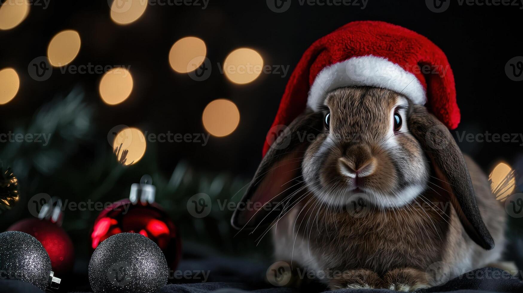 A rabbit wearing a santa hat sits on a black background photo
