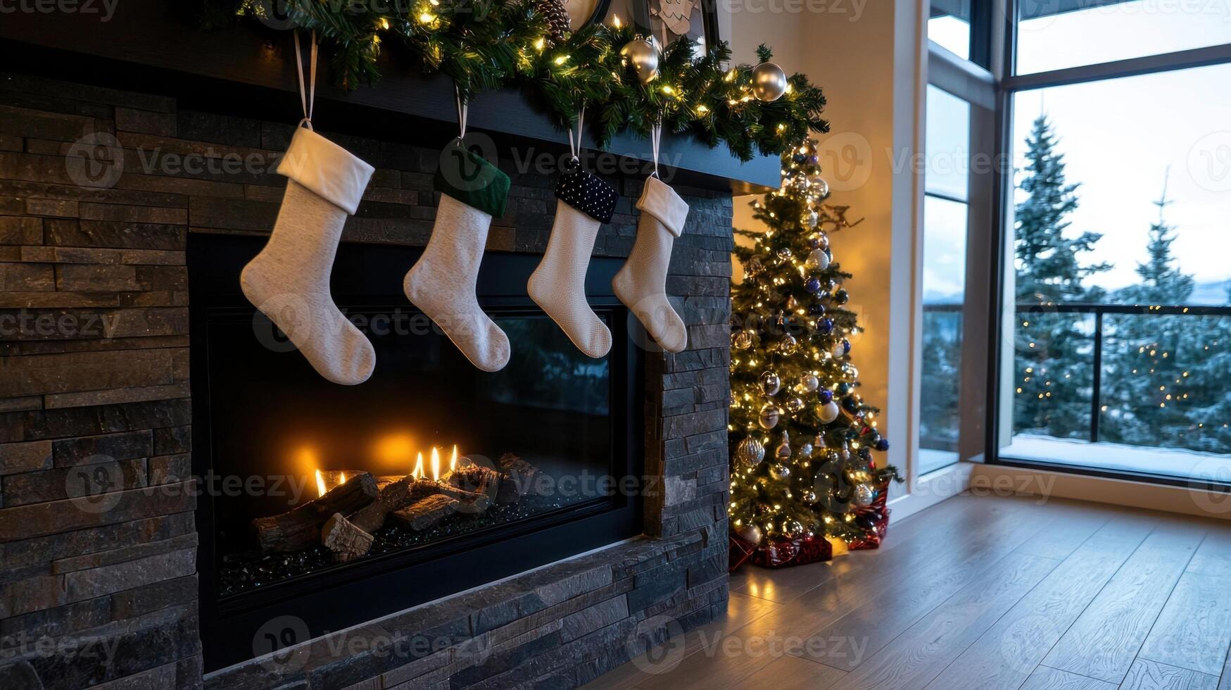 Stockings hanging on a fireplace in front of a window photo