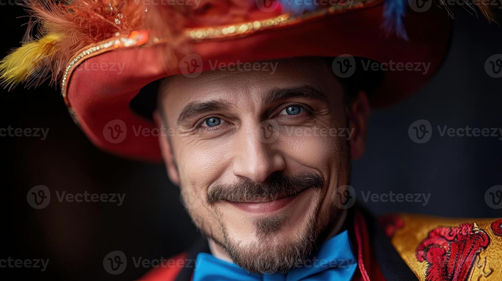 A man in a colorful hat and bow tie photo
