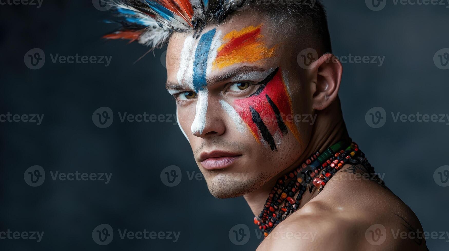 A man with a colorful face paint and feathers photo