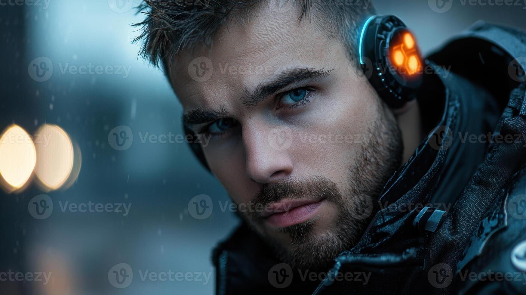 A man with headphones on in the rain photo