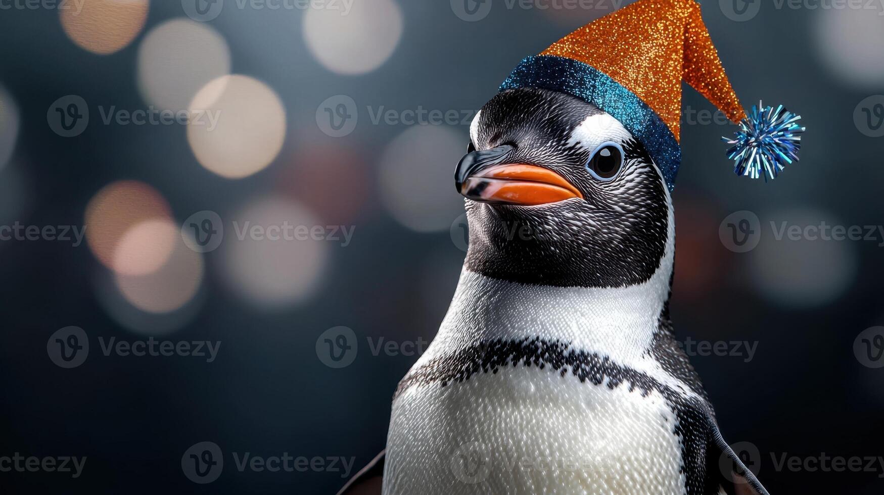 A penguin wearing a hat and a blue and orange bowtie photo