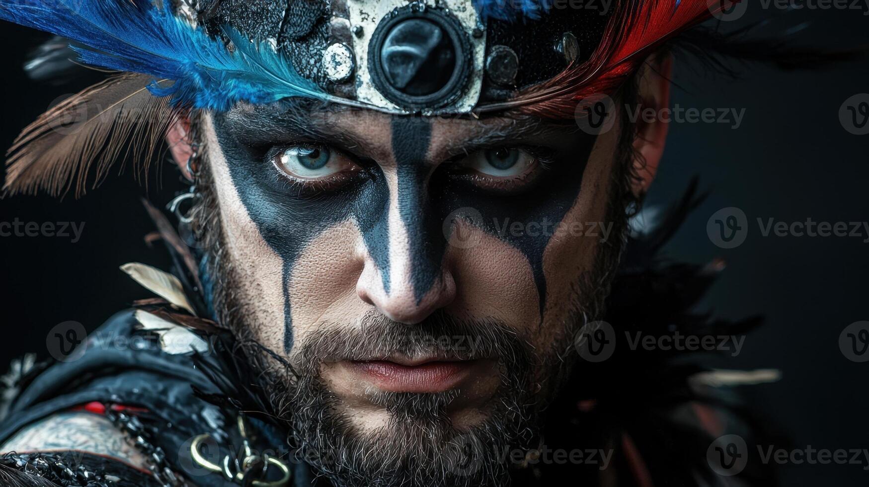 A man with a face paint and feathers on his head photo