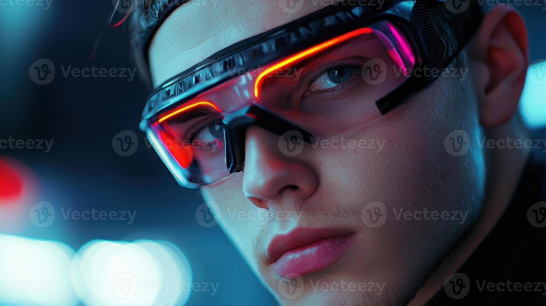 A man wearing futuristic glasses and a black hat photo
