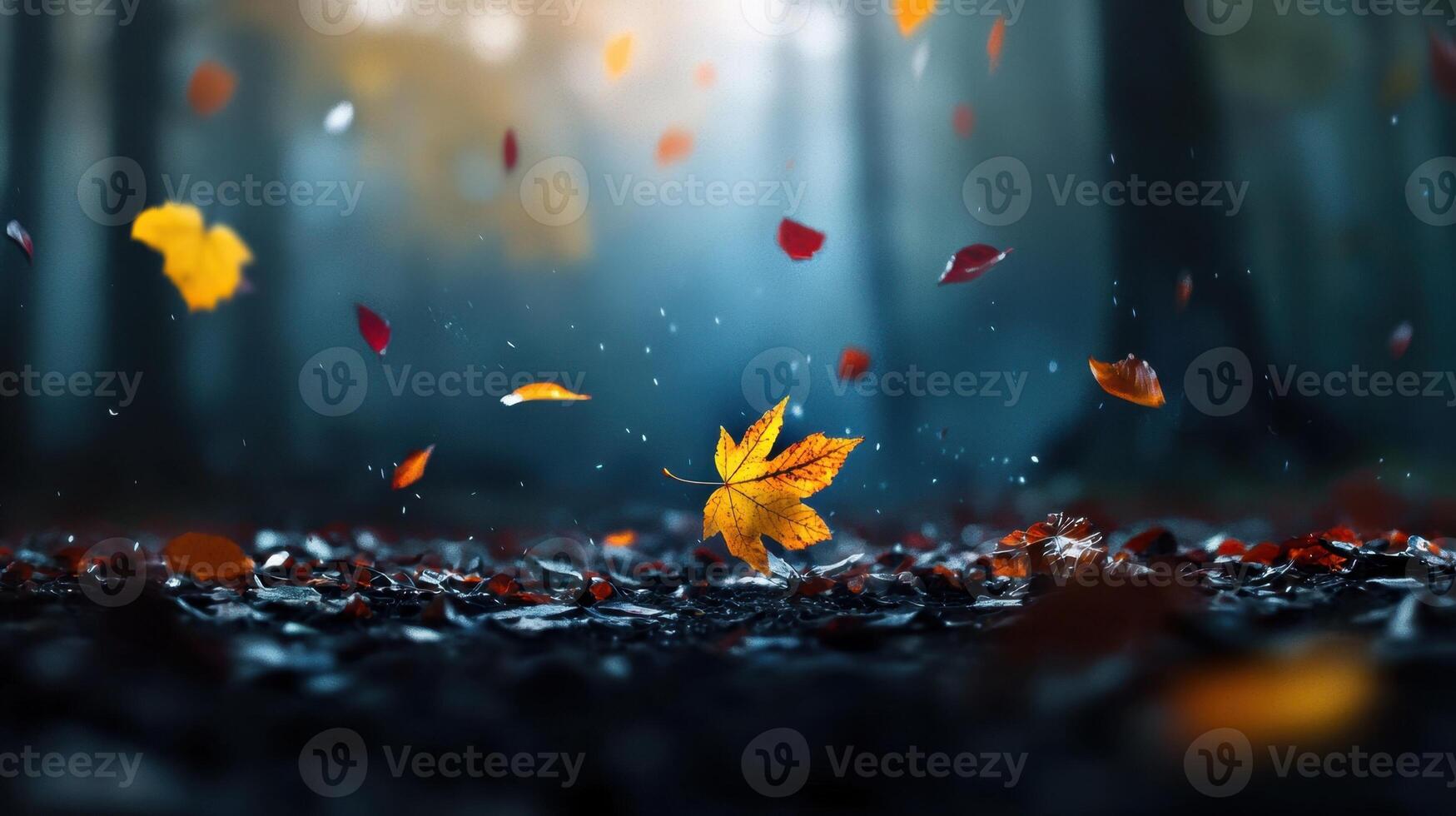 A leaf is falling from a tree and is surrounded by a pile of leaves photo