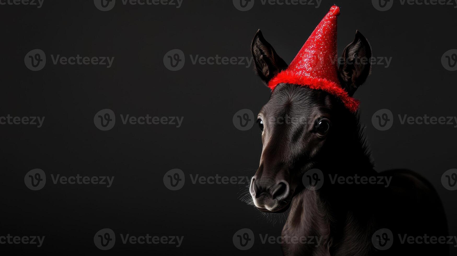 A black horse with a red hat on its head photo