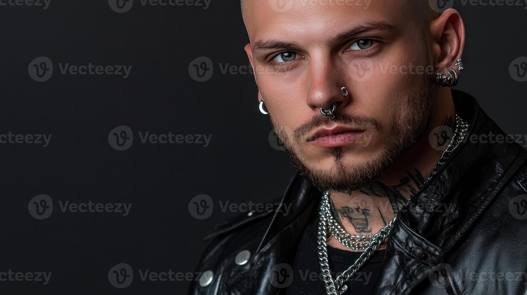 A man with tattoos and piercings in a leather jacket photo