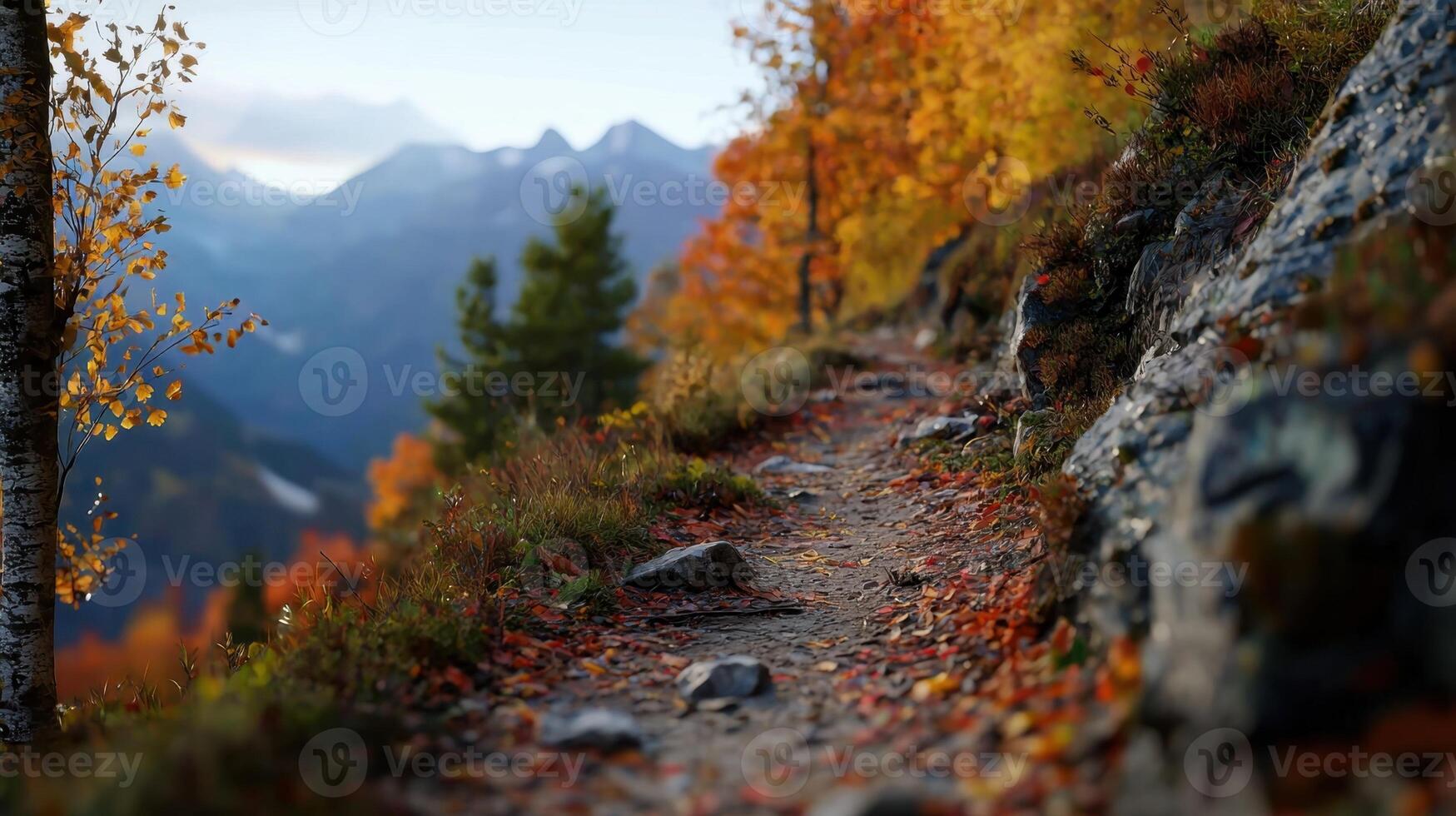 A mountain range with a trail of autumn leaves photo