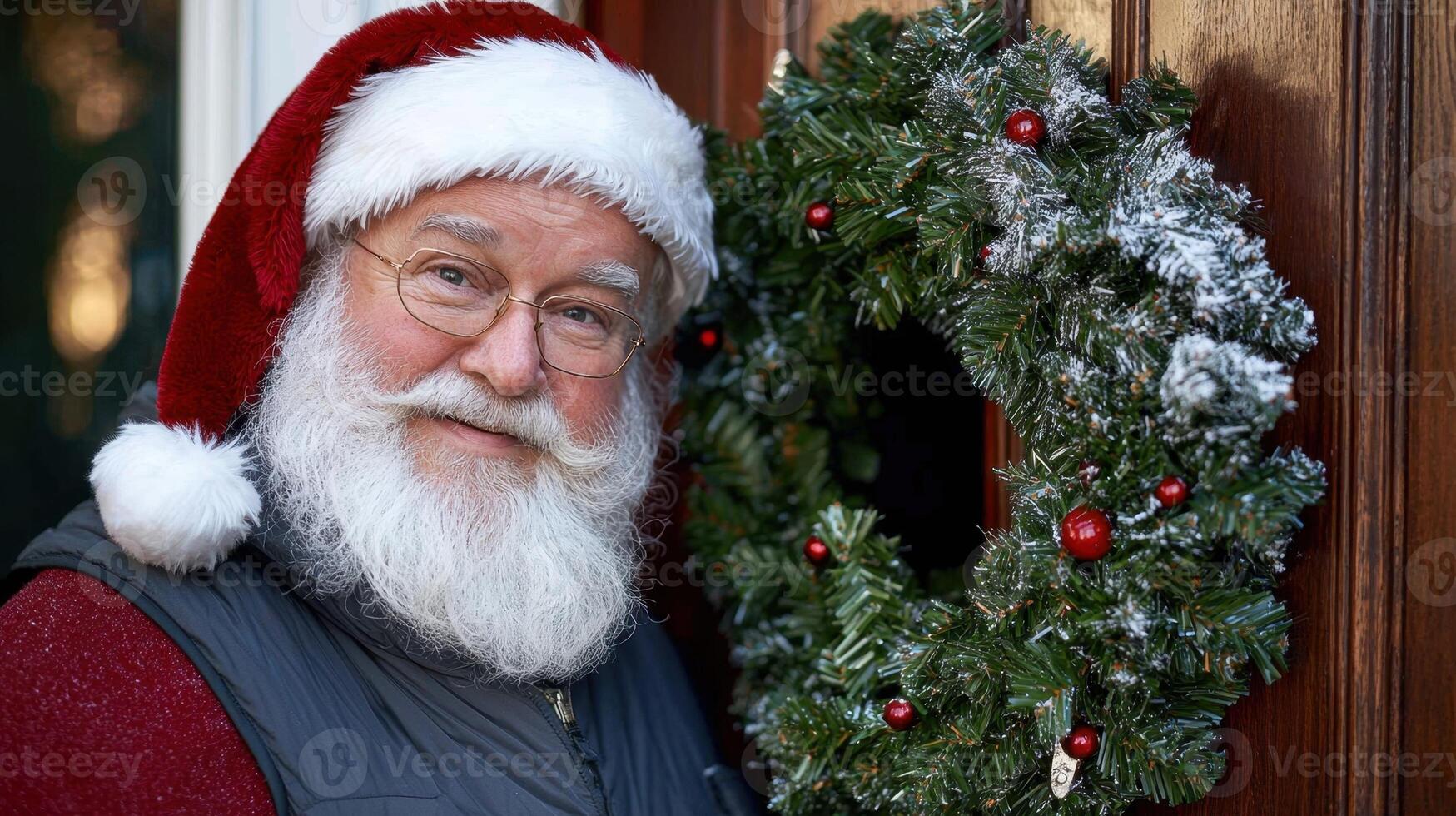 A man in a Santa hat and glasses stands in front of a wreath photo