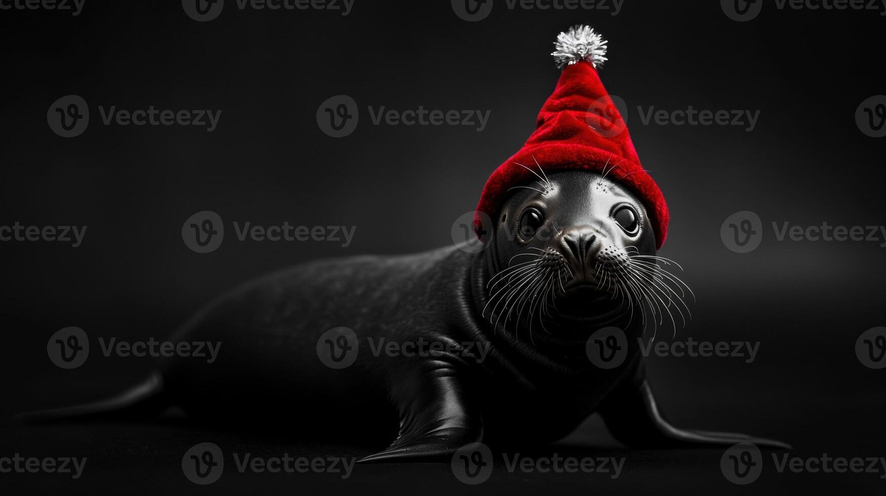 A black and white photo of a seal wearing a red hat