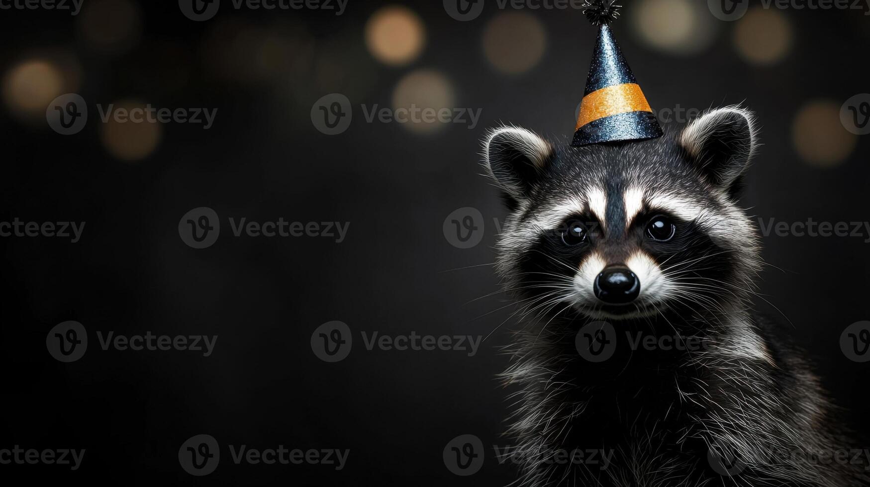 A raccoon is wearing a party hat and standing in front of a dark background photo