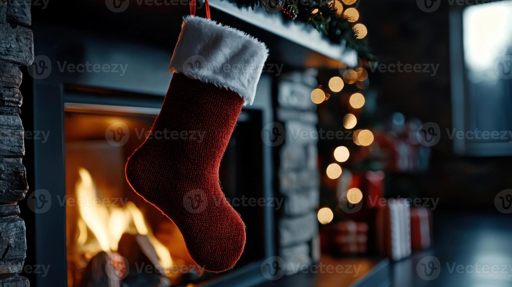 A red stocking sits in front of a fireplace photo