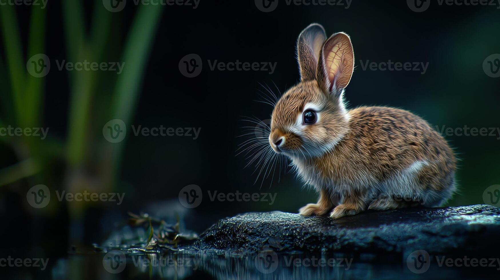 A small rabbit sitting on a rock by water photo