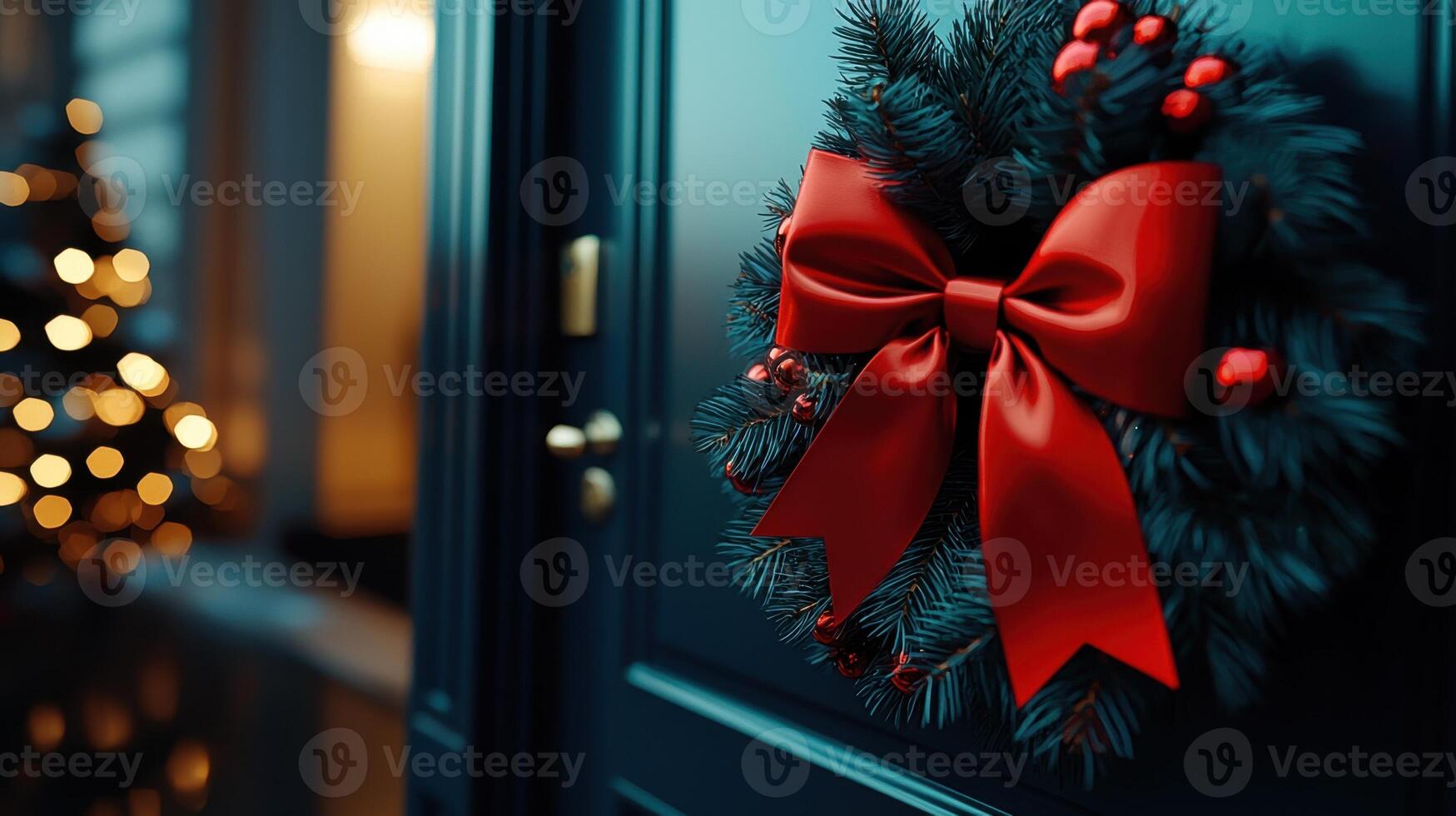 A wreath with a red bow is hanging on a door photo