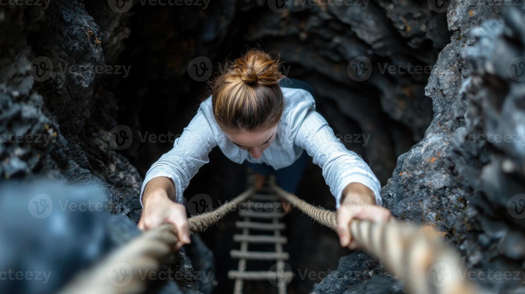 A woman is climbing a rope ladder in a cave photo