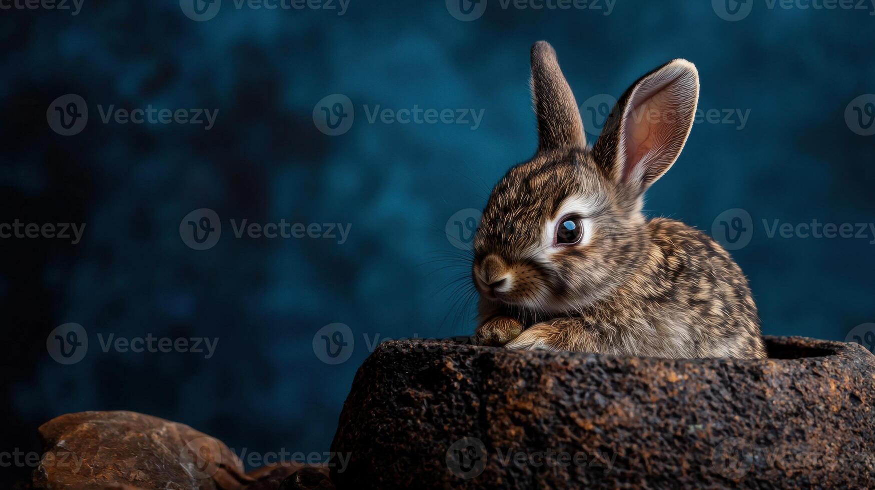 A small rabbit sitting in a pot on a blue background photo